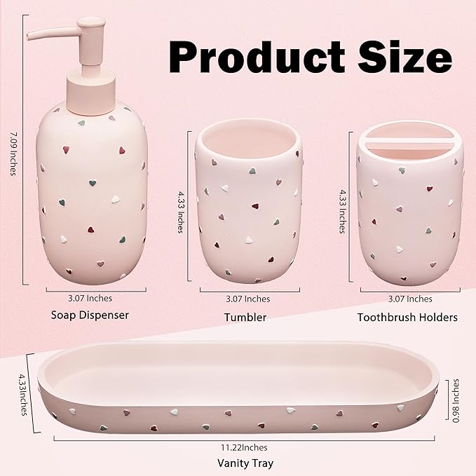 Bathroom Accessories Sets 4-Piece, Premium Pastel Heart Bathroom Accessory Complete Set - Toothbrush Holder, Lotion Soap Dispenser, Vanity Tray, Bathroom Tumbler for Countertop Vanity (Pink)
