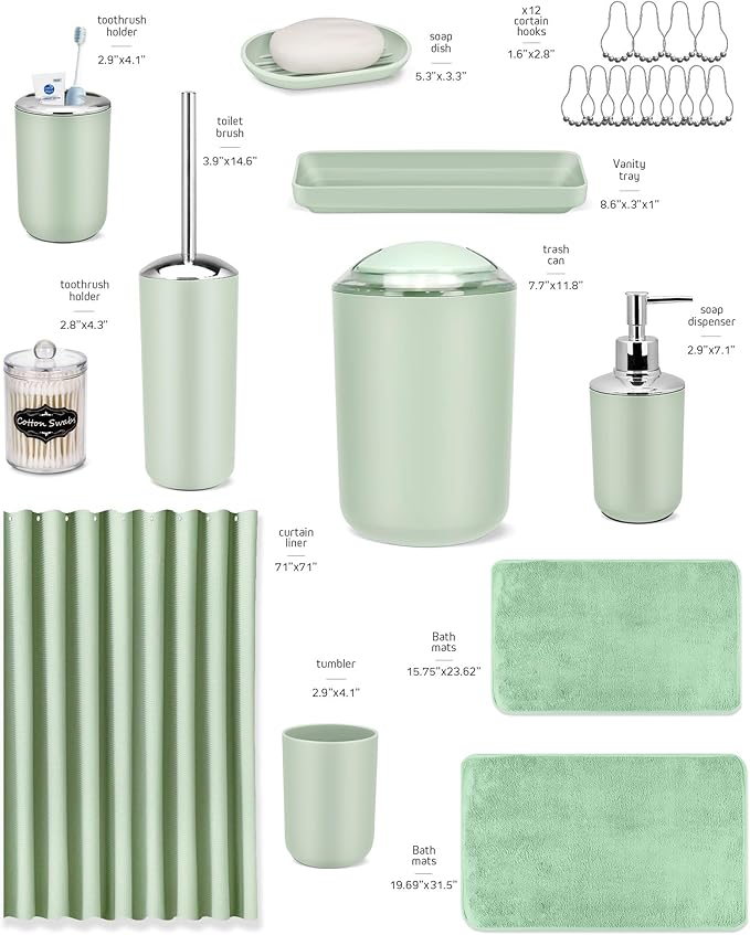 IMAVO Green Bathroom Accessories,Non Slip Absorbent Bathroom Rugs and Waterproof Shower Curtain with Hooks,Complete Bathroom Set for Bathroom Décor