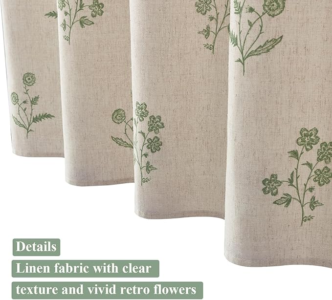 ORTIGIA Linen Shower Curtain Farmhouse Vintage Floral Shower Curtains Sage Green Boho Rustic Curtains Block Print Cottagecore Decor for Bathroom 72 W x 72 L