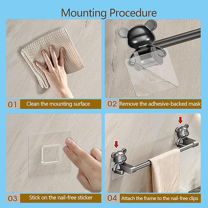 Towel Bar No Holes No Nails - 40cm Gray Bathroom Towel Racks, Wall Mount ABS Towel Holder for Bath,Rust Resistant, Self-Adhesive Buckle Easy Installation,4-Pack