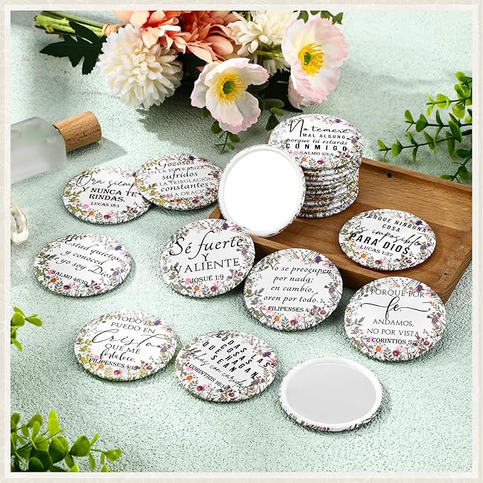 GlikCeil 40 Pcs Christian Compact Mirrors Bulk for Women Inspirational Bible Verse Pocket Mirror Mini Purse Makeup Mirror Christian Church Gift for Mother's Day Mom Church Party Favor (Spanish Bible)