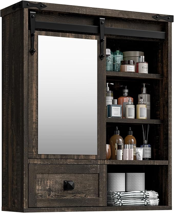 Bathroom Wall Cabinet, Farmhouse Medicine Cabinet with Sliding Mirror Door and Adjustable Shelves, Over The Toilet Space Saver Storage Cabinet with Towels Bar, Wall Mounted Cupboard