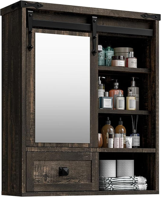 Bathroom Wall Cabinet, Farmhouse Medicine Cabinet with Sliding Mirror Door and Adjustable Shelves, Over The Toilet Space Saver Storage Cabinet with Towels Bar, Wall Mounted Cupboard