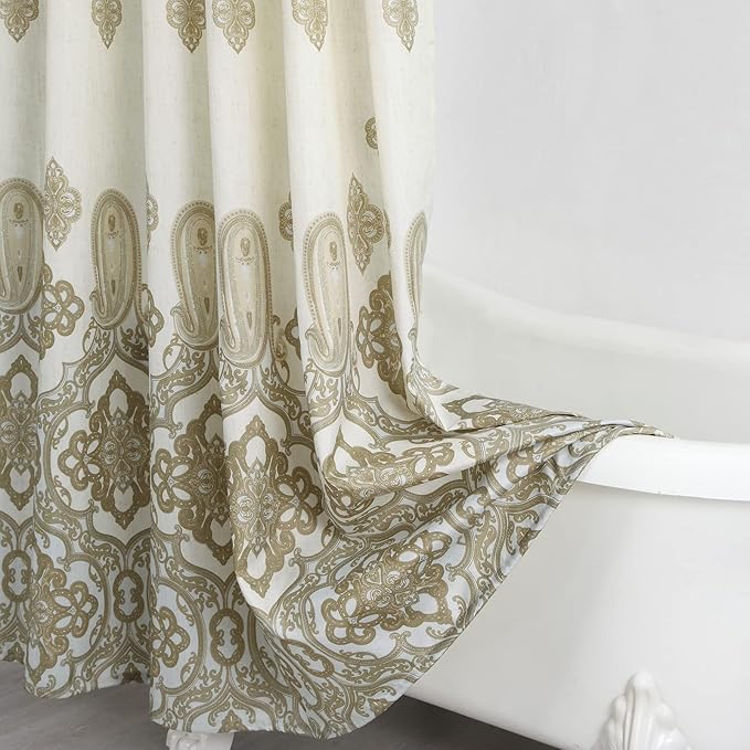 Fabric Shower Curtain, Beige and Tan Printed Ombre Boho Paisley Damask Pattern Shower Curtains for Bathroom, Waterproof Bathroom Curtains, 72" W x 72" H