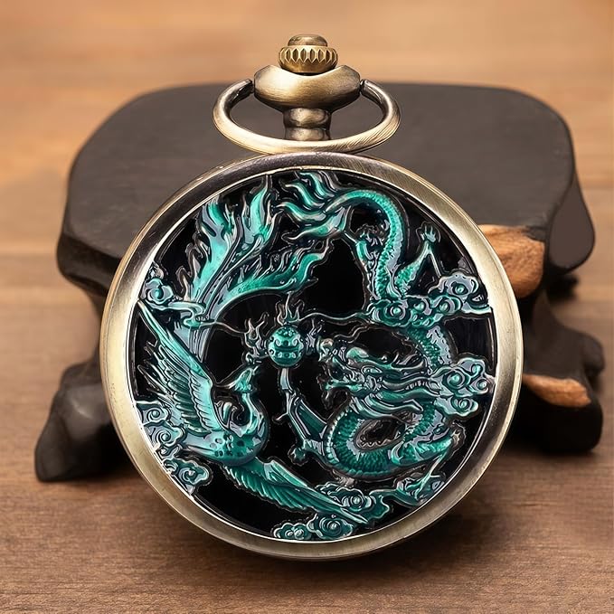 ManChDa Scrying Mirror Black Obsidian Mirror Lucky Dragon & Phoenix Pocket Watch Shell Witchcraft Kit Wiccan Supplies and Tools Witchy Gifts, Bronze Blue