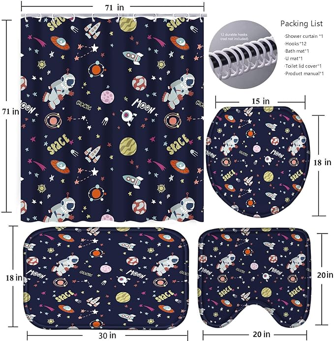 Poedist 4 Pcs Bathroom Shower Curtain Set,Kid's Bathroom Set, Space Shower Curtain Sets with Rugs(Bath Mat,U Shape and Toilet Lid Cover Mat) and 12 Hooks