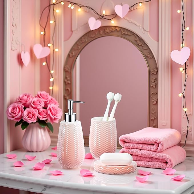Bathroom Accessories Set, 3 Pcs Pink Ceramic Bathroom Accessories Sets Complete/Lotion Soap Dispenser, Toothbrush Holder, Soap Dish, Bathroom Decor, Gift for Home Apartment
