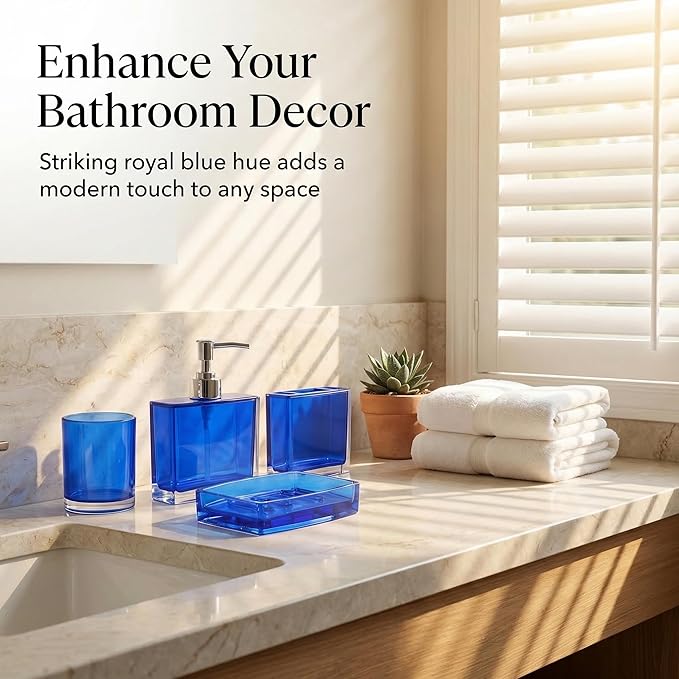 Bathroom Accessories Set, Acrylic Bathroom Accessory Set with Soap Dispenser,Soap Dish, Toothbrush Holder, Tumbler, Modern Bathroom Accessories Decor,Gift for Home (Blue-4)