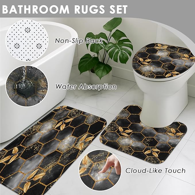 Honeycomb Marble Black Bathroom Decor and Accessories Set, Shower Curtain and Rug Set with Trash Can, Soap Dispenser, Soap Dish, Toothbrush Holder, Toothbrush Cup, Toilet Brush
