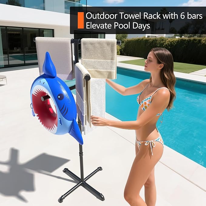Hjarta Outdoor Towel Rack for Pool, 59 Inch Pool Towel Holder with 6 Bars, Poolside Towel Racks for Outdoor, Towel Drying Rack for Pool Area Outside, Bathroom, Spa, Hot Tub