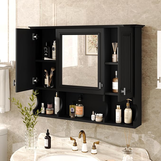 Virubi Bathroom Wall Cabinet with Mirror, Medicine Cabinet with 3 Doors and Adjustable Shelf, Space Saver Storage Cabinets Over The Toilet for Bathroom (35'' x 28'') (Black Color)