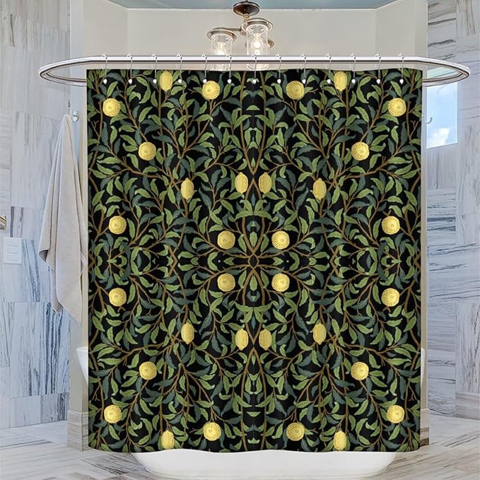 Vintage Botanical Shower Curtain William Morris Designs Green Jungle Fruit Print Shower Curtain Set Polyester Interior Waterproof Shower Curtain with 12 Hooks 72x78 Inches(183x200cm)
