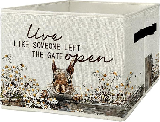 Rustic Squirrel Storage Bins & Boxes with Handles, Farmhouse Squirrel Foldable Basket for Organizing, Live Like Someone Left the Gate Open Collapsible Storage Basket for Bedroom Bathroom Clothes