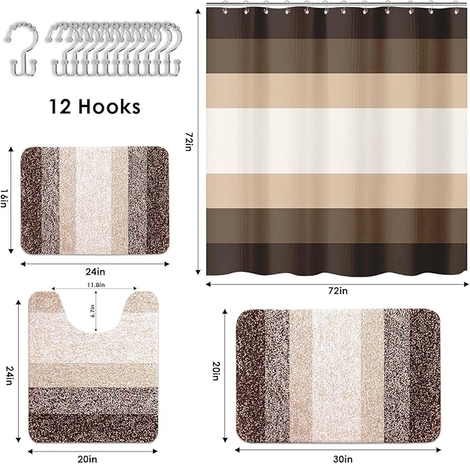 Britimes Brown Stripes Bathroom Sets with Shower Curtain and Rugs, Ombre Modern Minimalist Striped Waterproof Shower Curtain Liner and Soft Non Slip Bath Mat for Bathroom Decor and Accessories Hooks