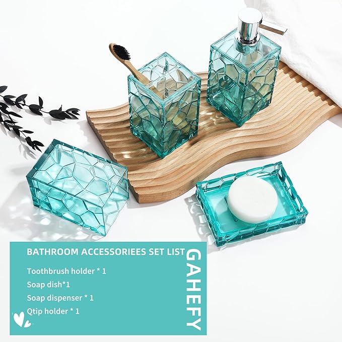 GAHEFY Teal Blue Beach Bathroom Accessories Set with Toothbrush Holder, Soap Dispenser, Tumbler, Soap Dish, Turquoise Bathroom Decor,Acrylic (Teal-4pcs)