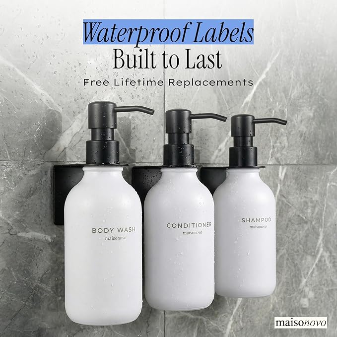 Shampoo and Conditioner Dispenser Wall Mounted Set of 3 White Black - No Drill Shower Soap Dispenser for Bathroom Refillable - Spa Hotel Style Accessories by MaisoNovo
