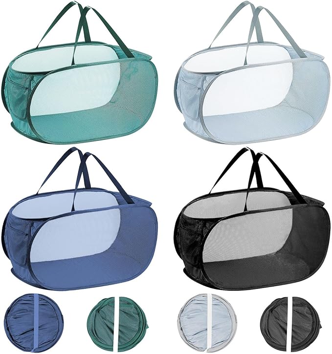 4 PCS Mesh Laundry Hamper,Collapsible Laundry Baskets,75L Large Foldable Dirty Clothes Hamper Storage Basket Horizontal with Side Pocket&carry Handle for Home,Travel grey