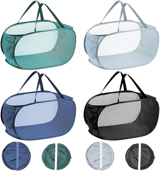 4 PCS Mesh Laundry Hamper,Collapsible Laundry Baskets,75L Large Foldable Dirty Clothes Hamper Storage Basket Horizontal with Side Pocket&carry Handle for Home,Travel grey