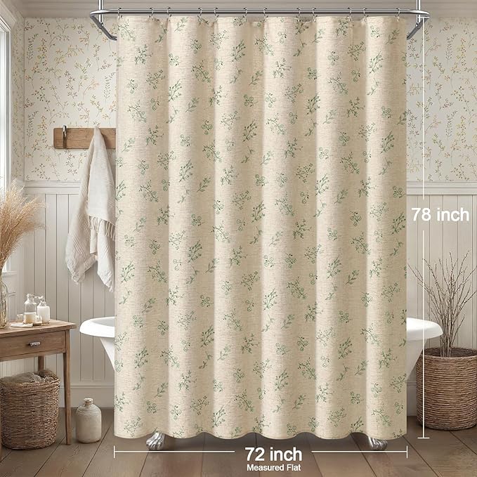 Sage Green Floral Vintage Linen Shower Curtain, French Country Shower Curtains for Bathroom, 72Wx78H