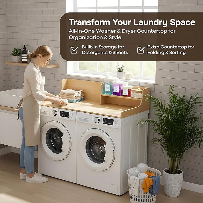SOBHI | Solid Wood Washer & Dryer Countertop with Laundry Add-Ons | 54″ x 27″ Laundry Room Organization & Storage Topper | 3 Detergent Dispensers & Dryer Sheet Box | Oak Finish
