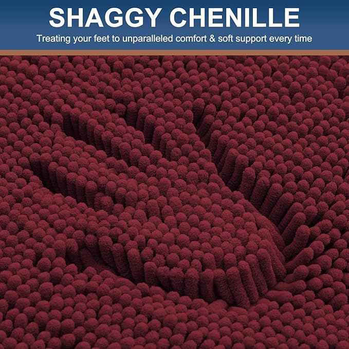 Smiry Luxury Chenille Bathroom Rugs 36x24, Extra Soft and Absorbent Shaggy Bath Mat, Machine Washable, Non-Slip Plush Carpet Runner for Tub, Shower, and Floor, Home Decor Accessories, Burgundy
