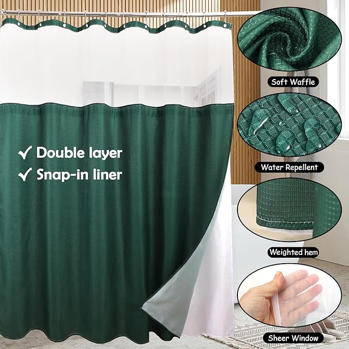 Bathroom Accessories Set, Farmhouse Home Decor, Green Shower Curtain with Snap in Fabric Liner and Hooks, Trash Can, Toilet Brush, Soap Dispenser, Toothbrush Holder, Tumbler, Soap Dish, Jars