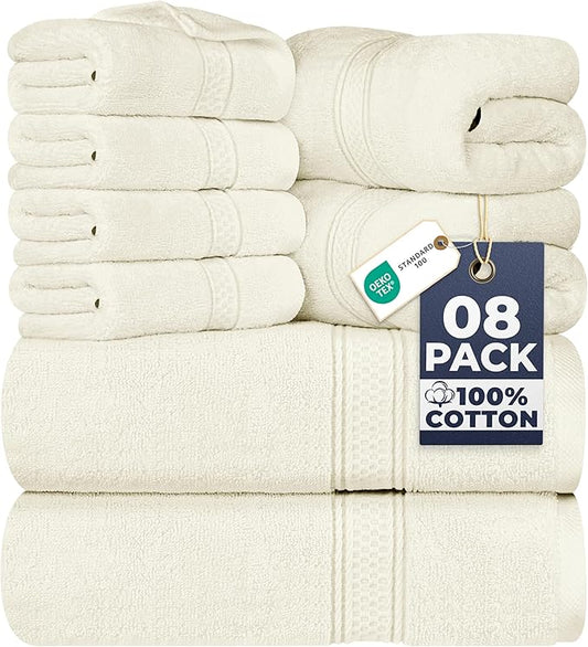 Utopia Towels 8 Piece Luxury Towel Set – Majestic Plush, Super Absorbent & Quicker-to-Dry, Thick 100% Ring Spun Cotton Towels for Bathroom, Spa & Hotel – 2 Bath, 2 Hand, 4 Washcloths, Ivory
