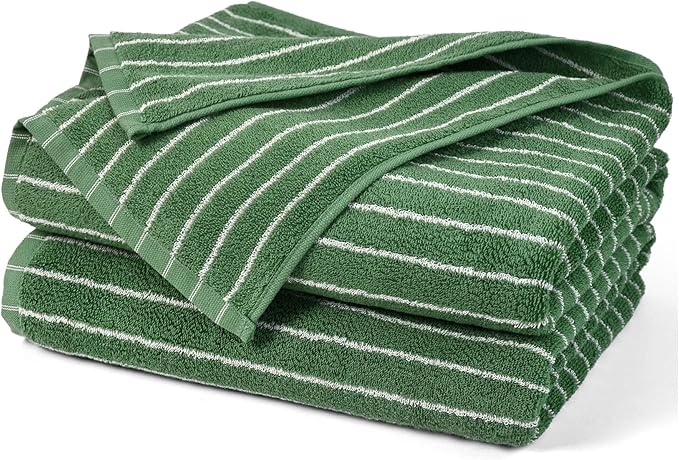 Jacquotha Bath Towels 2 Pack, Lighter & Quick Dry Towels Large 27.5 x 55 inches, Luxury Terry Cotton Towels for Bathroom Beach Swim, Forest Green & White Striped