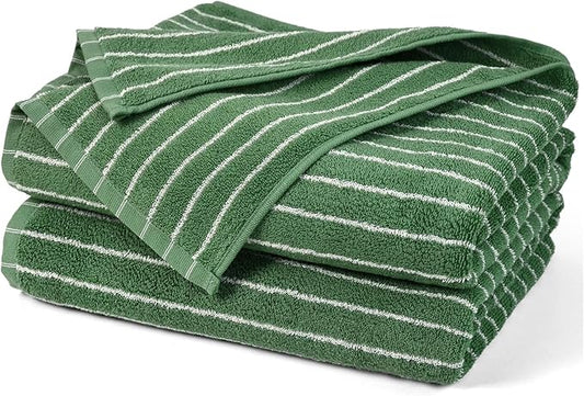 Jacquotha Bath Towels 2 Pack, Lighter & Quick Dry Towels Large 27.5 x 55 inches, Luxury Terry Cotton Towels for Bathroom Beach Swim, Forest Green & White Striped