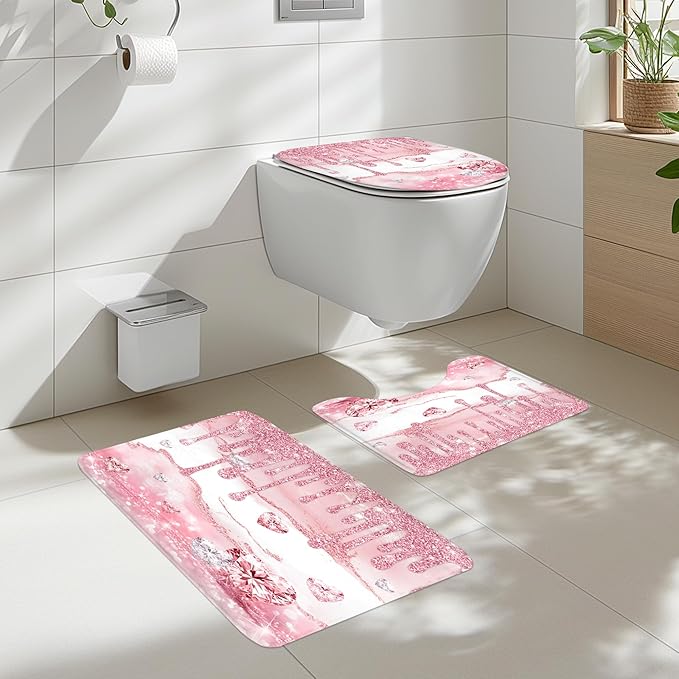 Cinbloo 4Pcs Pink Diamond Shower Curtain Set, Rose Gold Bling Modern Fashion Bathroom Curtain with Rug, Toilet Lid Cover, Bath Mat, Luxury Elegant Women Girls Shower Curtain with 12 Hooks