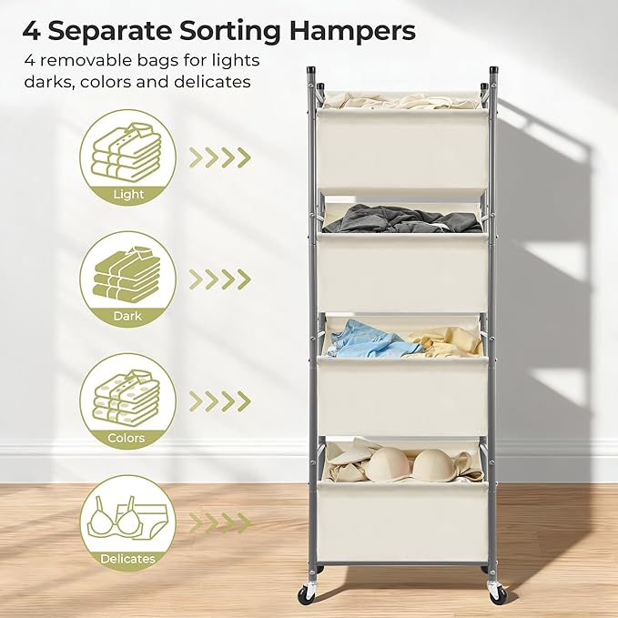 180L 4-Tier Rolling Laundry Hamper with Easy Access Removable Bag, Vertical Laundry Sorter Cart with Wheels & Brakes for Small Spaces, Dorm, Bedroom, Bathroom, Laundry Room, Beige