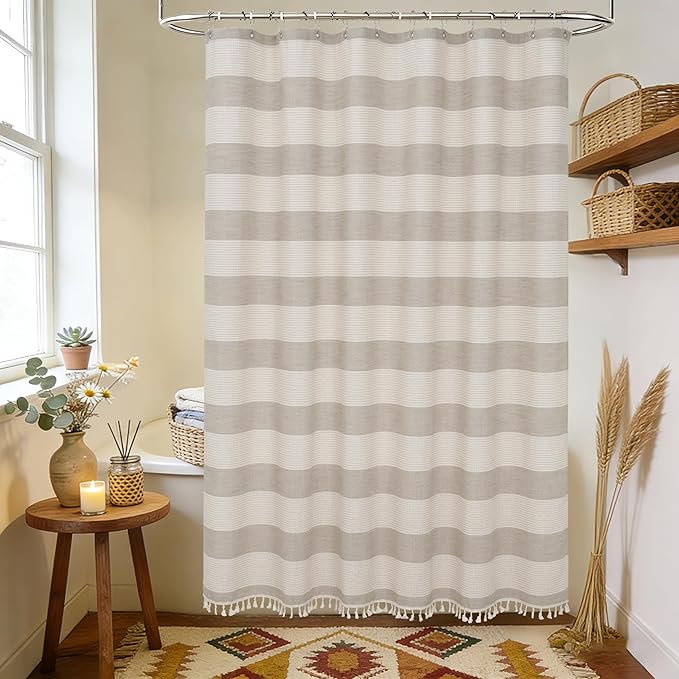 Boho Farmhouse Thick Tan Shower Curtain with Tassels, 350GSM Cotton Linen Soft Fabric Shower Curtain Heavyweight, 72 x 72 Inch Beige Brown Striped Country Bathroom Decor Curtain Water Repellent