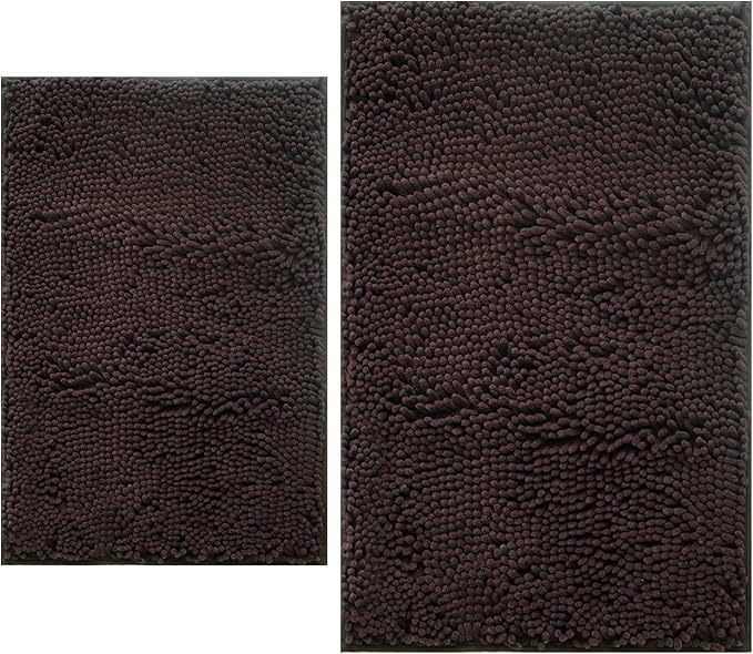 Bathroom Rugs Sets 2 Piece, Extra Soft Chenille Bath Mat Ultra Absorbent Bathroom Rug, Bathroom Mat with Sturdy PVC Non-Slip Bottom, Machine Washable Bath Rugs (20x32 Inch + 16x24 Inch, Coffee)