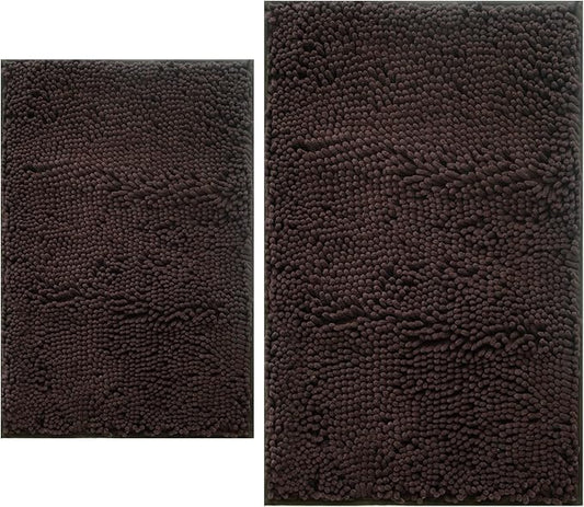 Bathroom Rugs Sets 2 Piece, Extra Soft Chenille Bath Mat Ultra Absorbent Bathroom Rug, Bathroom Mat with Sturdy PVC Non-Slip Bottom, Machine Washable Bath Rugs (20x32 Inch + 16x24 Inch, Coffee)
