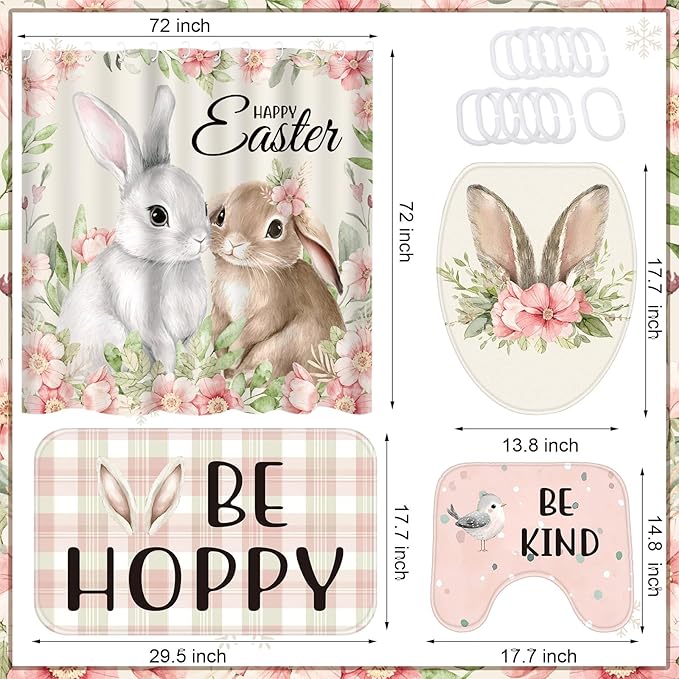 Rtteri 4 Pcs Easter Shower Curtains for Bathroom, Easter Bathroom Decor with Non-Slip Rugs Toilet Lid Cover and Bath Mat Bunny Curtain Decor Set with 12 Hooks(Bunny)