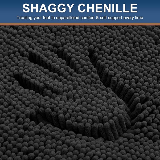 Smiry Luxury Chenille Bathroom Rugs 44x24, Extra Soft and Absorbent Shaggy Bath Mat, Machine Washable, Non-Slip Plush Carpet Runner for Tub, Shower, and Floor, Home Decor Accessories, Black