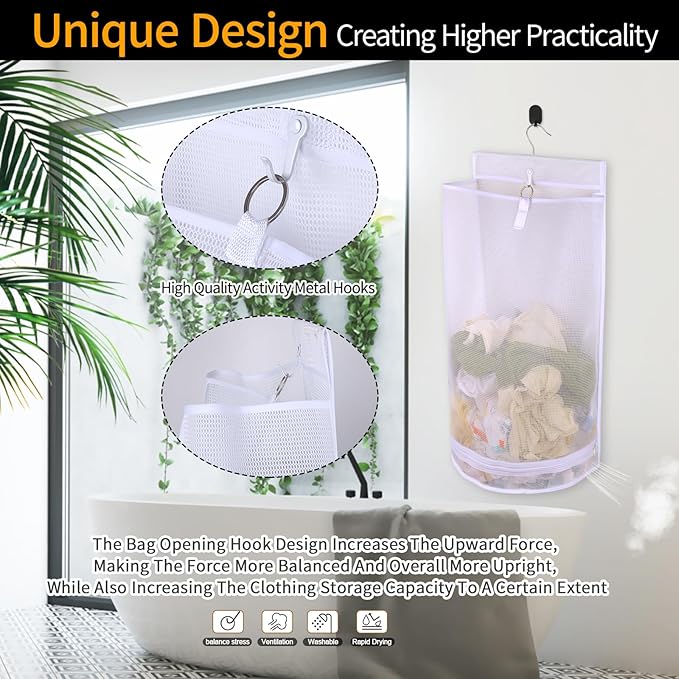 Hanging Collapsible Mesh Laundry Hamper - Breathable Fast Drying Laundry Bag, Space Saving Laundry Basket for Dorm, RV & Bathroom (White)