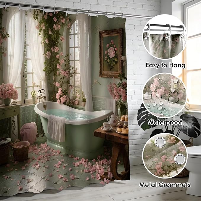 DDQQ 4Pcs Vintage Turquoise Bathtub Shower Curtain Set, Pink Roses Bathroom Sets with Shower Curtain and Rugs, Romantic Bathroom Decor Accessories Shower Curtains for Bathroom Toilet Lid Cover