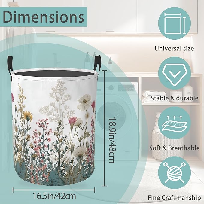 Laundry Basket With Handle, Dirty Clothes Laundry Hamper, Oxford Cloth Bin Storage Organizer for Toy Collection (Wildflower Spring Summer)