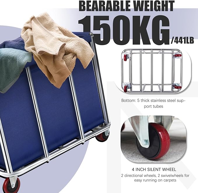 Commercial Laundry Cart with Wheels, 400L Large Rolling Laundry Cart with Steel Frame and Oxford Cloth, Heavy Duty Industrial Laundry Cart for Home,Hotel,Laundry Room, 441 lbs Load (Blue-8)