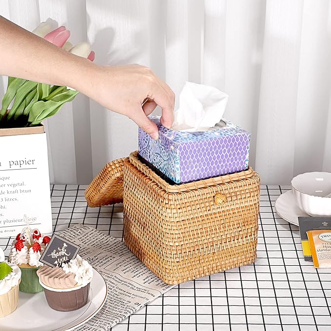Sumnacon Tissue Box Cover Square Tissue Box Rattan Tissue Box Holder with Hinged Top Lid, Wicker Tissue Holder for Bathroom Toilet Living Room Kitchen Office Table Desk, Yellow