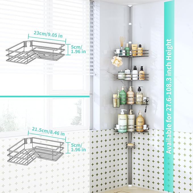 HapiRm Corner Shower Caddy Organizer - Shower Organizer Corner with Soap Holder, Toothbrush Holder and 4 Hooks, Rustproof Bathroom Shelf Tension Pole Available for 27.6 to 108.3 Inch - Silver