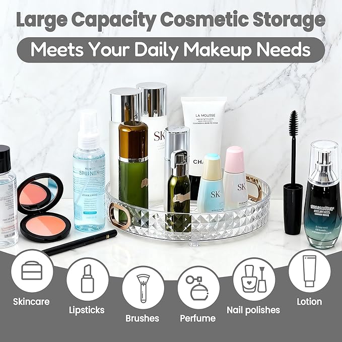 360 Rotating Makeup Organizer, 1 Tier Diamond Pattern Perfume Organizer, 10.5" Large Capacity Skincare Lotion Organizer, Designed for Vanity and Bathroom Countertops, Clear