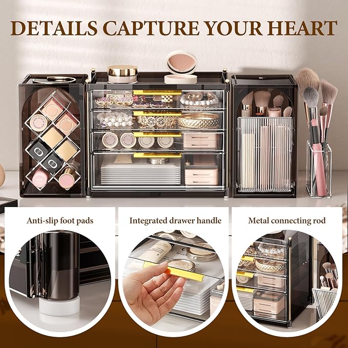 4-Tier Drawer Makeup Organizer, 3-in-1 Free Combination Cosmetic Storage with Lipstick Holder & Brush Rack, Skincare Organizer with Mini Tray for Vanity Bathroom Bedroom Dorm
