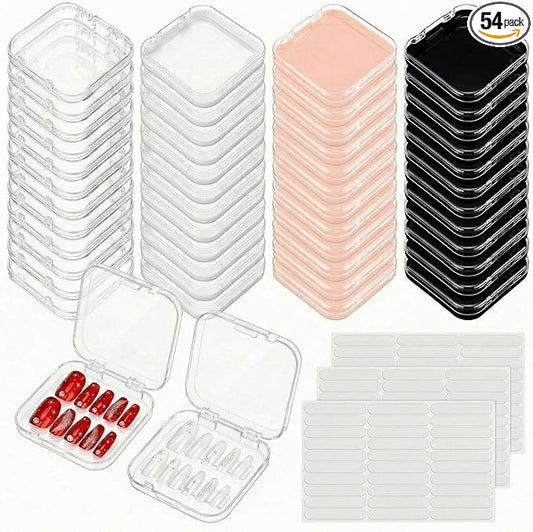 AceOrbit 48 Pcs Press on Nail Boxes with 180 Pcs Adhesive Double Sided Tape Acrylic Press on Nail Packaging Cases in 4 Colors Transparent Storage Case Organizer for Display Art Salon Supplies