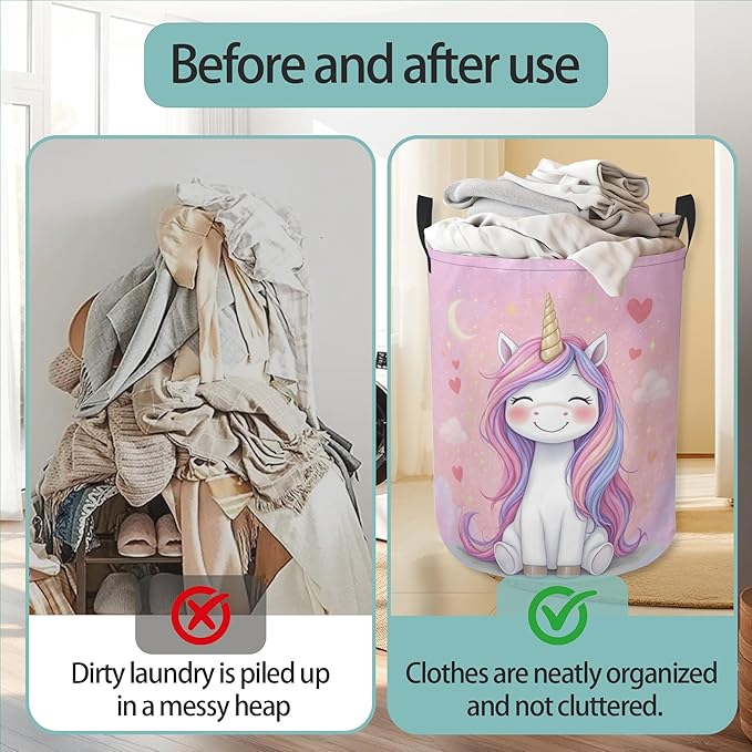 Pink Unicorn Laundry Basket With Handles Tote Bag Oxford Cloth Funny Laundry Hamper Clothes Storage Bucket Toy Organizer 16" X 20.8"For Bathroom/Laundry/Bedroom