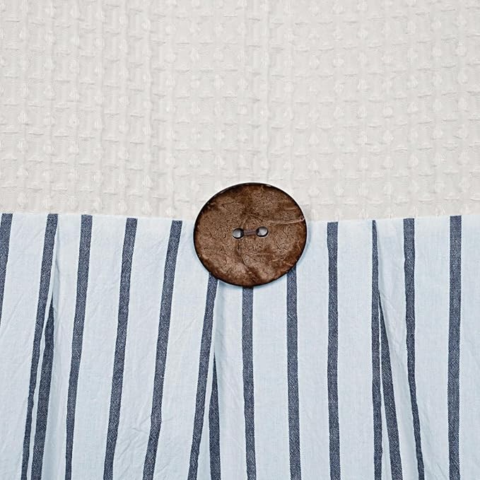 DOSLY Ides Farmhouse Shower Curtain, Beige and Blue Striped, Button Curtain, Spa Waffle and Cotton Woven Fabric, Rustic Charm Country Chic Style, 72x72 in, Bathroom