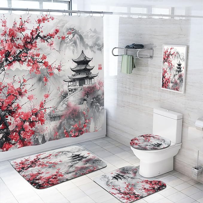 Japanese Cherry Blossom Bathroom Shower Curtain Set with Rugs,Toilet Lid Cover, Bath Mat, Anime Pink Flowers Mountains Shower Curtain with 12 Hooks, Durable Bathroom Decor Set