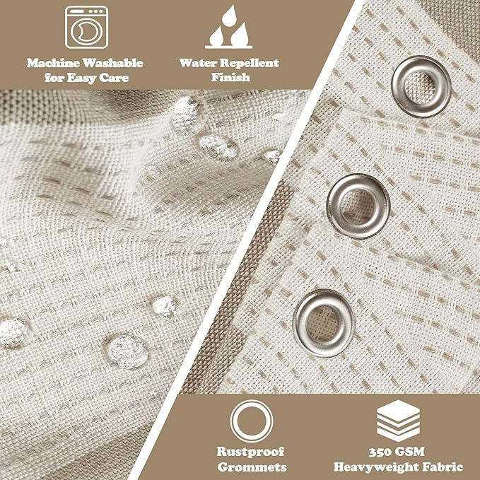 Boho Farmhouse Thick Tan Shower Curtain with Tassels, 350GSM Cotton Linen Soft Fabric Shower Curtain Heavyweight, 72 x 72 Inch Beige Brown Striped Country Bathroom Decor Curtain Water Repellent