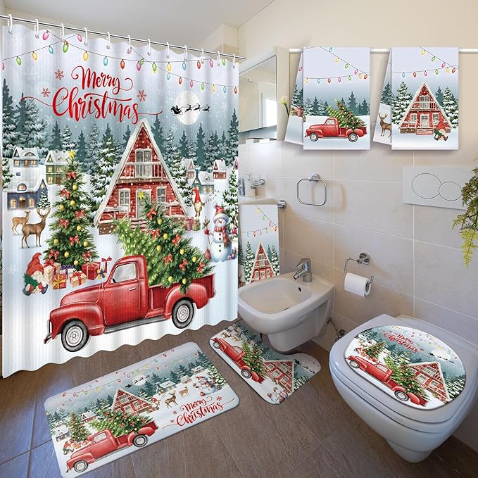 Nuanchu 6 Pcs Christmas Shower Curtain Bathroom Set with Bath Mat Red Truck with Christmas Tree U Shaped Mat Toilet Cover 2 Bath Towels and 12 Hooks Bathroom Decor Set, 71 x 71 Inch